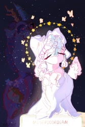 Size: 1280x1920 | Tagged: safe, artist:i-am-cholera, discord, fluttershy, pegasus, pony, g4, female, flower, implied death, implied discoshy, implied shipping, implied straight, male, not cozy glow, red eyes, solo, stars, statue