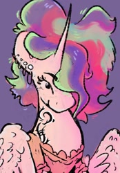 Size: 1280x1836 | Tagged: safe, artist:i-am-cholera, princess celestia, alicorn, pony, g4, clothes, ear piercing, hair over one eye, piercing, short mane, simple background, solo, tattoo