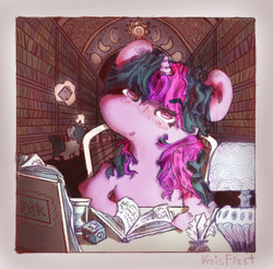 Size: 1121x1103 | Tagged: safe, artist:i-am-cholera, twilight sparkle, pony, unicorn, g4, book, colored, female, hourglass, inkwell, library, quill, solo, studying, unicorn twilight