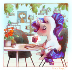 Size: 1121x1103 | Tagged: safe, artist:i-am-cholera, rarity, cat, pony, unicorn, g4, cat tree, chair, colored, drink, potted plant, solo, table