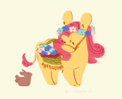 Size: 2048x1658 | Tagged: safe, artist:i-am-cholera, fluttershy, donkey, rabbit, g4, animal, donkified, duo, floral head wreath, flower, looking at each other, looking at someone, simple background, yellow background