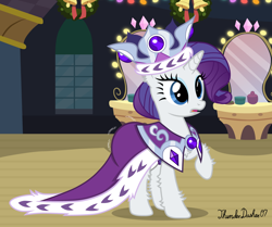 Size: 1280x1070 | Tagged: safe, artist:thunderdasher07, princess platinum, rarity, pony, unicorn, g4, hearth's warming eve (episode), backstage, bell, clothes, costume, crinkle, crown, decoration, descriptive noise, diaper, diaper fetish, dress, eyeshadow, fetish, hearth's warming eve, jewelry, makeup, mirror, non-baby in diaper, onomatopoeia, regalia, show accurate, solo, wreath