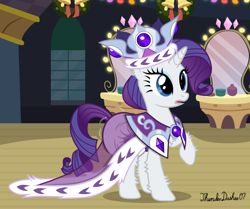 Size: 1280x1070 | Tagged: safe, alternate version, artist:thunderdasher07, derpibooru exclusive, princess platinum, rarity, pony, unicorn, g4, hearth's warming eve (episode), backstage, bell, clothes, costume, crinkle, crown, decoration, descriptive noise, diaper, diaper fetish, diaper under clothes, dress, eyeshadow, fetish, hearth's warming eve, jewelry, makeup, mirror, non-baby in diaper, onomatopoeia, regalia, see-through, show accurate, solo, wreath