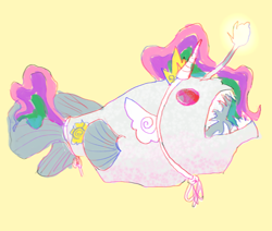 Size: 1280x1083 | Tagged: safe, artist:i-am-cholera, princess celestia, angler fish, fish, g4, fishified, simple background, solo, species swap, yellow background