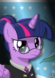 Size: 2389x3352 | Tagged: safe, artist:temerdzafarowo, twilight sparkle, alicorn, pony, equestria at war mod, g4, business suit, clothes, equestria, female, flag, flag of equestria, glasses, hearts of iron 4, high res, hoi4, looking at you, president, serious, serious face, solo, twilight sparkle (alicorn)