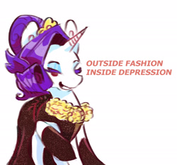 Size: 2048x1911 | Tagged: safe, artist:i-am-cholera, rarity, pony, unicorn, g4, caption, clothes, dissonant caption, dress, simple background, solo, text, white background