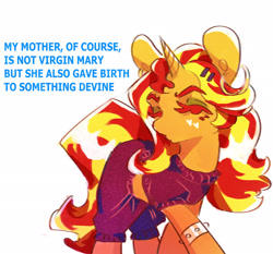 Size: 2048x1911 | Tagged: safe, artist:i-am-cholera, sunset shimmer, pony, unicorn, g4, caption, clothes, simple background, solo, text, white background