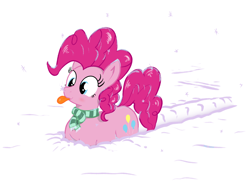 Size: 1442x1114 | Tagged: safe, artist:eels, pinkie pie, earth pony, pony, g4, :p, catching snowflakes, clothes, female, looking at something, mare, outdoors, scarf, snow, snowfall, solo, striped scarf, tongue out