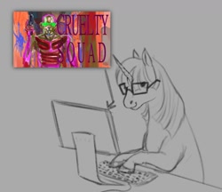 Size: 1275x1100 | Tagged: safe, artist:ombnom, twilight sparkle, pony, unicorn, g4, computer, cruelty squad, female, gaming, glasses, gray background, hooves, keyboard, mare, monochrome, simple background, sketch, solo, typing, unicorn twilight