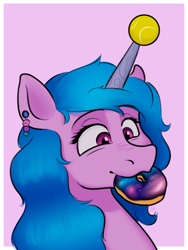 Size: 1500x2000 | Tagged: safe, artist:oldman, izzy moonbow, pony, unicorn, g5, ball, donut, ear piercing, food, horn, hornball, izzy's tennis ball, piercing, pink background, simple background, solo, tennis ball