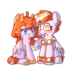 Size: 3543x3543 | Tagged: safe, artist:cro, oc, oc only, oc:cloudling orangedrop, pegasus, pony, 2023 community collab, derpibooru community collaboration, chest fluff, duo, goggles, high res, looking at you, simple background, sitting, smiling, transparent background