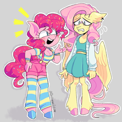 Size: 1280x1280 | Tagged: safe, artist:clockwiseleon, fluttershy, pinkie pie, earth pony, pegasus, anthro, unguligrade anthro, g4, breast envy, breasts, busty pinkie pie, cleavage, clothes, colored hooves, dress, duo, emanata, female, gray background, hand on hip, leg warmers, mare, overall shorts, overalls, simple background, sweat