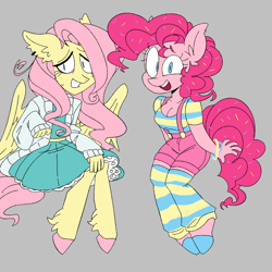 Size: 1280x1280 | Tagged: safe, artist:clockwiseleon, fluttershy, pinkie pie, earth pony, pegasus, anthro, unguligrade anthro, g4, breasts, busty pinkie pie, cleavage, clothes, dress, duo, female, gray background, leg warmers, looking at you, mare, shirt, shorts, simple background, smiling, smiling at you, striped shirt, suspenders