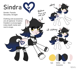 Size: 5587x5000 | Tagged: safe, artist:neoncel, oc, oc only, oc:sindra, earth pony, pony, choker, clothes, earth pony oc, gradient hair, gradient mane, gradient tail, reference sheet, shirt, simple background, socks, solo, spiked choker, spiked wristband, t-shirt, tail, white background, wristband, yellow eyes