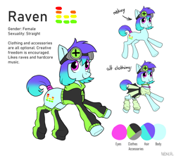 Size: 5587x5000 | Tagged: safe, artist:neoncel, oc, oc only, oc:raven mcchippy, earth pony, pony, clothes, earth pony oc, goggles, gradient hair, gradient mane, gradient tail, hoodie, leg warmers, legwear, magenta eyes, reference sheet, simple background, skirt, socks, solo, tail, white background