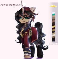 Size: 2800x2840 | Tagged: safe, artist:opal_radiance, oc, oc only, oc:force fortune, pony, unicorn, adoptable, auction, belt, boots, clothes, ear piercing, eye scar, eyebrows, facial scar, female, high res, horn, horn ring, lipstick, looking down, mare, piercing, pirate, ring, scar, shadow, shoes, signature, simple background, smiling, solo, unicorn oc, uniform, white background