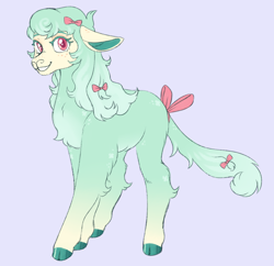 Size: 998x965 | Tagged: safe, artist:polymercorgi, oc, oc:mint julep, sheep, sheep pony, bow, cloven hooves, ewe, female, freckles, hair bow, lavender background, looking at you, offspring, parent:grogar, simple background, solo, tail, tail bow