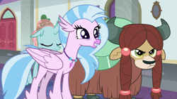 Size: 1920x1080 | Tagged: safe, screencap, ocellus, silverstream, yona, changedling, changeling, hippogriff, yak, g4, school daze, season 8, 1080p, angry, cloven hooves, cute, diastreamies, eyes closed, female, floppy ears, friendship student, jewelry, madorable, necklace, silverstream is amused, trio, trio female, unamused, varying degrees of amusement, varying degrees of want, yona is not amused, yonadorable