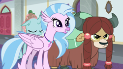 Size: 1920x1080 | Tagged: safe, screencap, ocellus, silverstream, yona, changedling, changeling, hippogriff, yak, g4, my little pony: friendship is magic, school daze, season 8, 1080p, angry, cloven hooves, cute, diastreamies, eyes closed, female, floppy ears, friendship student, jewelry, madorable, necklace, silverstream is amused, trio, trio female, unamused, varying degrees of amusement, varying degrees of want, yona is not amused, yonadorable