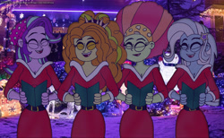 Size: 3000x1850 | Tagged: safe, artist:rdj1995, adagio dazzle, starlight glimmer, tree hugger, trixie, human, equestria girls, g4, afro, caroling, christmas, clothes, costume, eyes closed, female, group, holiday, quartet, real life background, santa costume