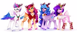 Size: 2560x1067 | Tagged: safe, artist:buvanybu, izzy moonbow, pipp petals, sunny starscout, zipp storm, deer, deer pony, original species, peryton, pony, reindeer, unicorn, g5, :p, adorapipp, adorazipp, antlers, aside glance, bandaid, bandaid on nose, bell, bell collar, bridle, butt, clothes, cloven hooves, collar, colored ear fluff, colored hooves, cute, deer tail, deerified, doe, ear fluff, elbow fluff, female, folded wings, gold hooves, gradient background, halter, hock fluff, hooves, leg warmers, long mane, looking at you, looking back, looking back at you, mare, neck ribbon, open mouth, open smile, pale belly, pipp butt, plot, raised leg, reindeer antlers, reindeerified, royal sisters (g5), siblings, simple background, sisters, slender, smiling, smiling at you, species swap, spread wings, standing, striped leg warmers, sunnybetes, tack, tail, thin, tongue out, turned head, unshorn fetlocks, white background, wings