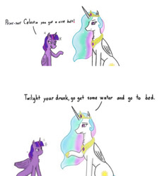 Size: 828x903 | Tagged: safe, artist:nismorose, princess celestia, twilight sparkle, alicorn, pony, g4, comic, crown, cutie mark, done with your shit, drunk, drunk bubbles, drunk twilight, ethereal mane, eyebrows, horn, jewelry, raised eyebrow, regalia, simple background, sparkly mane, speech, spread wings, talking, text, twilight sparkle (alicorn), wavy mane, white background, wings