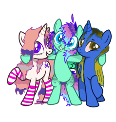 Size: 906x952 | Tagged: safe, artist:lavaghast, oc, oc only, oc:buttery-doo, oc:dark blaze, oc:lolu heart, pegasus, pony, unicorn, 2023 community collab, derpibooru community collaboration, clothes, simple background, socks, striped socks, transparent background, trio