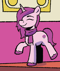 Size: 252x299 | Tagged: safe, idw, primrose (g5), pony, unicorn, g5, spoiler:comic, spoiler:g5comic, spoiler:g5comic07, clothes, female, mare, scarf, solo