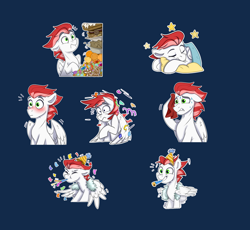 Size: 2114x1949 | Tagged: safe, artist:rutkotka, oc, oc only, oc:swift apex, pegasus, pony, blushing, commission, confetti, customized toy, cute, flustered, food, hat, male, meme, nervous, party, party hat, party horn, pegasus oc, simple background, sleeping, sleepy, smiling, solo, stallion, stallion oc, sticker, sweat, toy, ych result