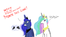 Size: 1136x640 | Tagged: safe, artist:nismorose, princess celestia, princess luna, alicorn, pony, gamer luna, g4, angry, angry eyes, broken, controller, crown, done with your shit, duo, duo female, ethereal mane, female, glowing, glowing horn, horn, jewelry, levitation, magic, magic aura, mare, rage, rage quit, regalia, siblings, simple background, sisters, sitting, sparkly mane, speech, talking, telekinesis, text, white background, wings