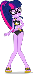 Size: 2110x4627 | Tagged: safe, alternate version, artist:dustinwatsongkx, sci-twi, twilight sparkle, human, equestria girls, g4, my little pony equestria girls: better together, accessory swap, bare shoulders, bikini, bikini bottom, clothes, clothes swap, feet, female, glasses, sandals, simple background, sleeveless, solo, sunset shimmer swimsuit, sunset shimmer's beach shorts swimsuit, swimsuit, swimsuit swap, transparent background, vector