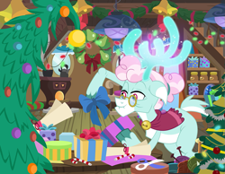 Size: 1161x900 | Tagged: safe, artist:pixelkitties, part of a set, aurora the reindeer, deer, reindeer, g4, antlers, bow, candy, candy cane, christmas, christmas lights, christmas presents, christmas tree, clothes, cloven hooves, food, glasses, holiday, i can't believe it's not hasbro studios, present, round glasses, scarf, scissors, solo, tree, unshorn fetlocks, wreath, yarn, yarn ball