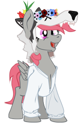 Size: 1209x1874 | Tagged: safe, artist:aaronmk, oc, oc only, oc:featherlight, pegasus, pony, wolf, 2023 community collab, derpibooru community collaboration, :d, adult blank flank, blank flank, clothes, female, floral head wreath, flower, folded wings, happy, hat, head, mare, open mouth, open smile, pegasus oc, pink eyes, red mane, red tail, shirt, simple background, smiling, solo, tail, transparent background, vector, wings
