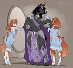 Size: 1000x933 | Tagged: safe, artist:evehly, king sombra, oc, oc:marigold, oc:marigold (evehly), oc:mirabelle, earth pony, unicorn, anthro, unguligrade anthro, g4, abs, armor, cape, clothes, coat markings, dappled, dress, dressing, earth pony oc, loincloth, male, male nipples, mirror, muscles, muscular male, nipples, nudity, sewing, tailor, trio, unconvincing armor, unshorn fetlocks
