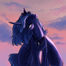 Size: 1024x1024 | Tagged: safe, artist:not-ordinary-pony, derpibooru exclusive, princess luna, g4, chest fluff, crown, dawn, ears back, jewelry, peytral, regalia, s1 luna, sad, sky, solo, sparkles, standing, sternocleidomastoid, wings, wings down