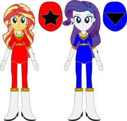 Size: 2298x2190 | Tagged: safe, artist:dustinwatsongkx, rarity, sunset shimmer, human, equestria girls, g4, blue ranger, chouriki sentai ohranger, duo, duo female, eyebrows, eyeshadow, female, high res, looking at you, makeup, power rangers, power rangers zeo, red ranger, simple background, smiling, smiling at you, super sentai, transparent background, vector