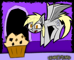 Size: 1956x1586 | Tagged: safe, artist:xxv4mp_g4z3rxx, derpy hooves, bat pony, pony, g4, bat ponified, blonde mane, blonde tail, female, flying, food, gray coat, happy, mare, muffin, race swap, signature, smiling, solo, tail