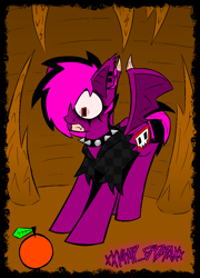 Size: 804x1114 | Tagged: safe, artist:xxv4mp_g4z3rxx, oc, oc only, oc:violet valium, bat pony, pony, bat pony oc, cave, clothes, collar, emo, eyeliner, grapefruit, hoodie, makeup, red eyes, scared, signature, solo, spiked collar, spread wings, torn ear, two toned mane, wings