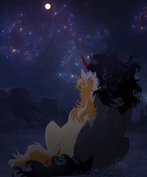 Size: 1614x1944 | Tagged: dead source, safe, artist:ghoulhowls, braeburn, king sombra, earth pony, pony, unicorn, g4, crack shipping, gay, looking away, male, moon, mountain, mountain range, night, night sky, shipping, sky, snuggling, sombraeburn, stars