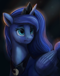 Size: 1650x2079 | Tagged: safe, artist:camyllea, princess luna, alicorn, pony, g4, blue eyes, crepuscular rays, crying, female, mare, sad, solo, speedpaint available, wings