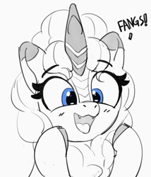 Size: 830x971 | Tagged: safe, artist:pabbley, pinkie pie, kirin, g4, bust, cloven hooves, cute, cute little fangs, diapinkes, fangs, grayscale, kirin pinkie, kirin-ified, monochrome, open mouth, open smile, partial color, simple background, smiling, solo, species swap, white background