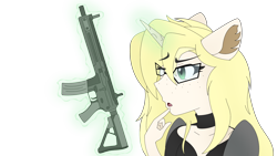 Size: 3840x2160 | Tagged: safe, artist:straighttothepointstudio, oc, oc only, unicorn, anthro, g5, anthro oc, assault rifle, clothes, digital art, female, freckles, glasses, glowing, glowing horn, gun, high res, horn, m4, m4a1, magic, rifle, simple background, solo, telekinesis, transparent background, weapon, wondering