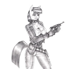 Size: 1349x1250 | Tagged: safe, artist:baron engel, boulder (g4), maud pie, earth pony, anthro, g4, belt, between breasts, breasts, busty maud pie, choker, cleavage, clothes, corset, female, grayscale, gun, jacket, mare, monochrome, pants, pencil drawing, shirt, simple background, solo, story in the source, story included, traditional art, weapon, white background