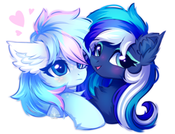 Size: 2000x1525 | Tagged: safe, artist:stesha, oc, oc only, oc:dove lilac, oc:flaming dune, pegasus, pony, blue eyes, blushing, bust, chest fluff, cute, duo, duo female, ear fluff, eyeshadow, female, floating heart, freckles, gift art, green eyes, heart, hug, looking at someone, looking away, love, makeup, mare, multicolored mane, open mouth, open smile, pegasus oc, portrait, shipping, shy, simple background, smiling, white background