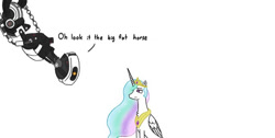 Size: 640x322 | Tagged: safe, artist:nismorose, princess celestia, alicorn, pony, g4, annoyed, chest fluff, crown, ear fluff, ethereal mane, female, glados, horn, insult, jewelry, mare, portal (valve), regalia, simple background, sparkly mane, speech, talking, text, wavy mane, white background, wings