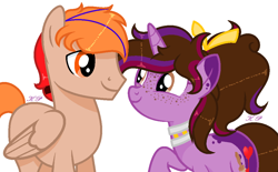 Size: 1052x652 | Tagged: safe, artist:kathepart, oc, oc only, oc:fededash, oc:kathepaint, pegasus, pony, unicorn, brown mane, collar, couple, duo, hair bun, orange eyes, simple background, white background