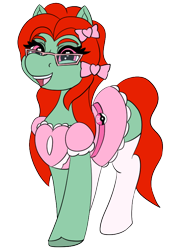 Size: 598x800 | Tagged: safe, artist:gray star, derpibooru exclusive, oc, oc only, oc:wella heartsong, earth pony, pony, 2023 community collab, derpibooru community collaboration, bow, clothes, glasses, hair bow, love ball, poké ball, pokémon, simple background, solo, stockings, thigh highs, transparent background