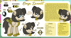 Size: 1200x655 | Tagged: safe, artist:jennieoo, oc, oc:onyx sonnet, pegasus, pony, bio, looking at you, piercing, poker face, reference, reference sheet, show accurate, simple background, singing, smiling, smiling at you, solo