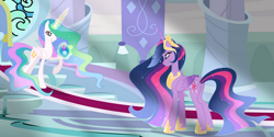 Size: 1280x640 | Tagged: safe, artist:existencecosmos188, princess celestia, twilight sparkle, alicorn, pony, g4, the last problem, base used, butt, duo, ethereal mane, ethereal tail, female, glowing, glowing horn, hoof shoes, horn, indoors, long mane, long tail, magic, mare, older, older twilight, older twilight sparkle (alicorn), plot, princess twilight 2.0, raised hoof, slender, starry mane, tail, tall, telekinesis, thin, twilight sparkle (alicorn)