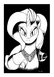 Size: 904x1280 | Tagged: safe, artist:darkhestur, nightmare rarity, pony, unicorn, g4, female, ink, ink drawing, jewelry, looking at you, mare, necklace, solo, traditional art